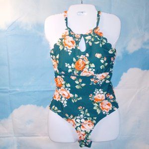 Green with orange/peach roses 1-Piece Swimsuit peekaboo, high-neck by Cupshe NEW
